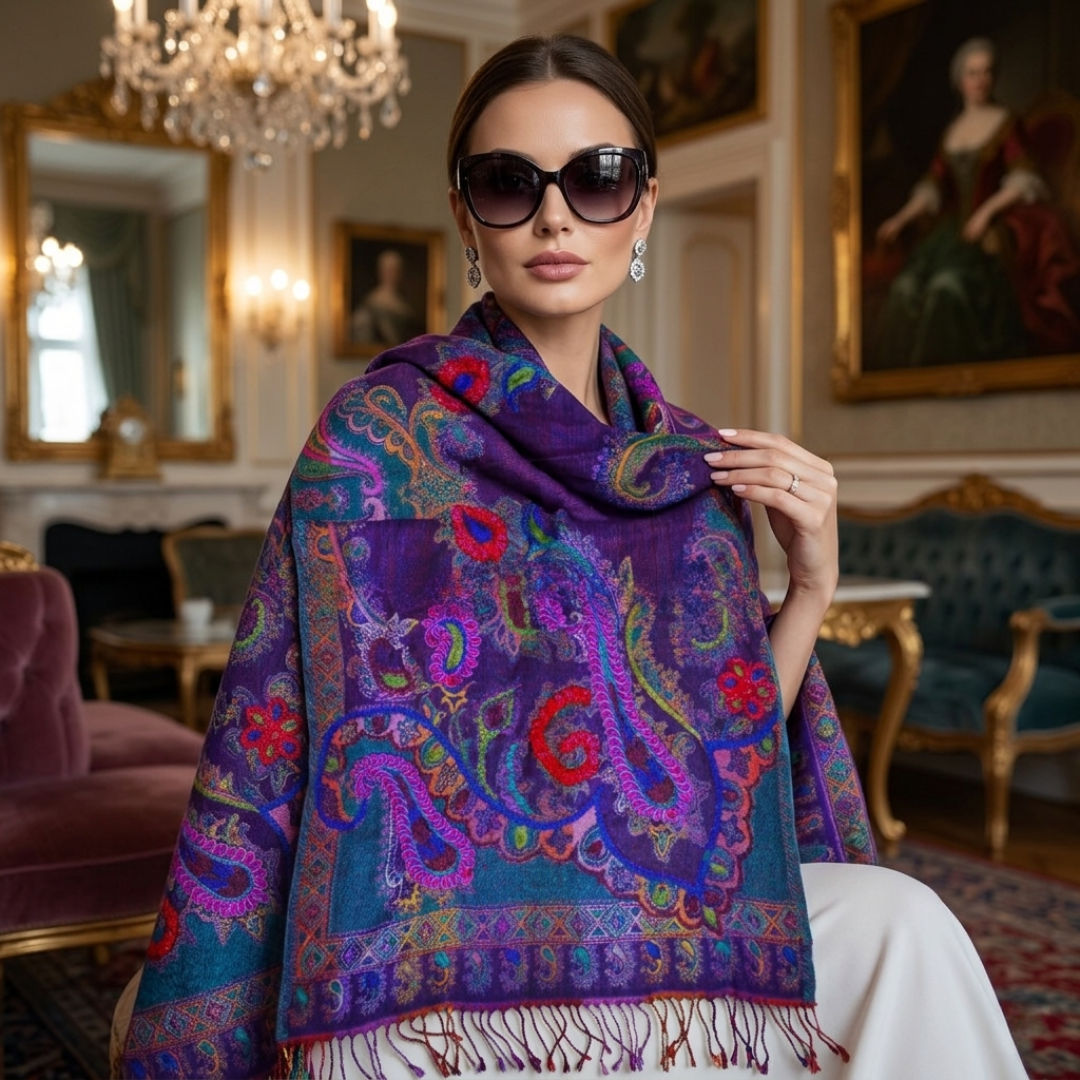 Violet Wool Embroidery Shawl/Schal
